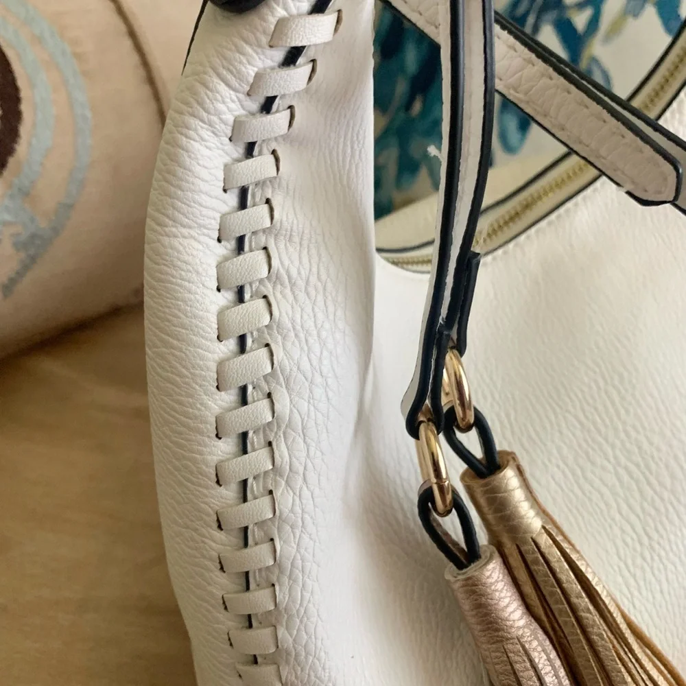 Sondra Roberts White Faux Pebble Leather Hobo Bag w Metallic Gold Braided Strap - Picture 12 of 15
